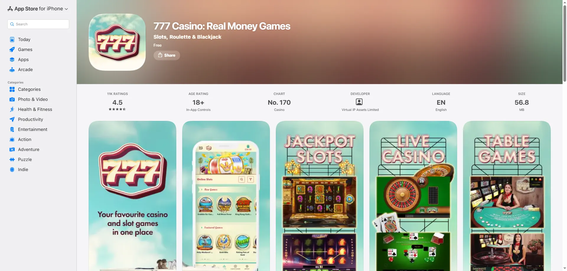 777 Casino online slot games — over 800 titles available