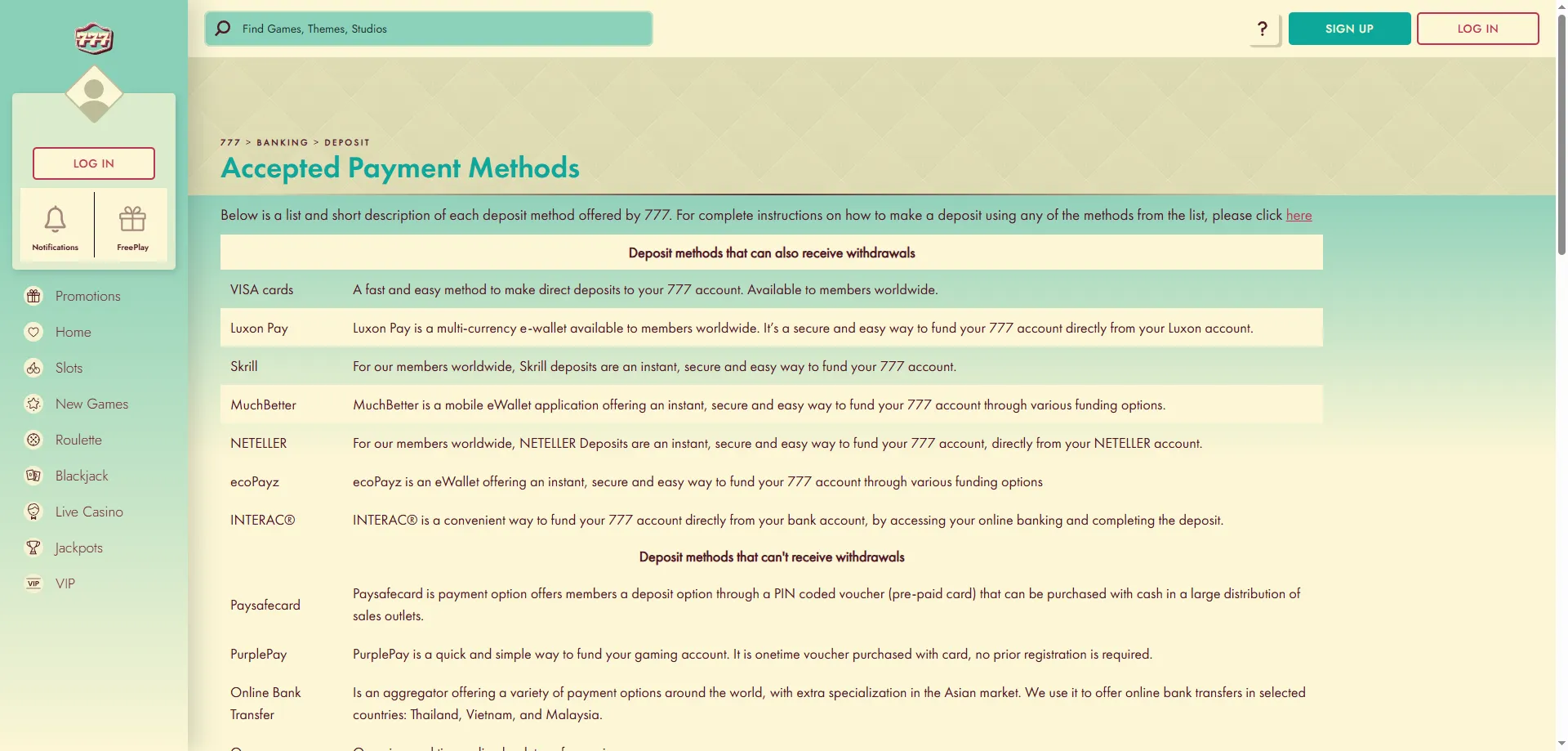 777 Casino deposit and withdrawal methods — Visa and Mastercard
